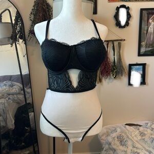 NWOT discontinued Auden Black Lace white mesh cutout thong body suit size L